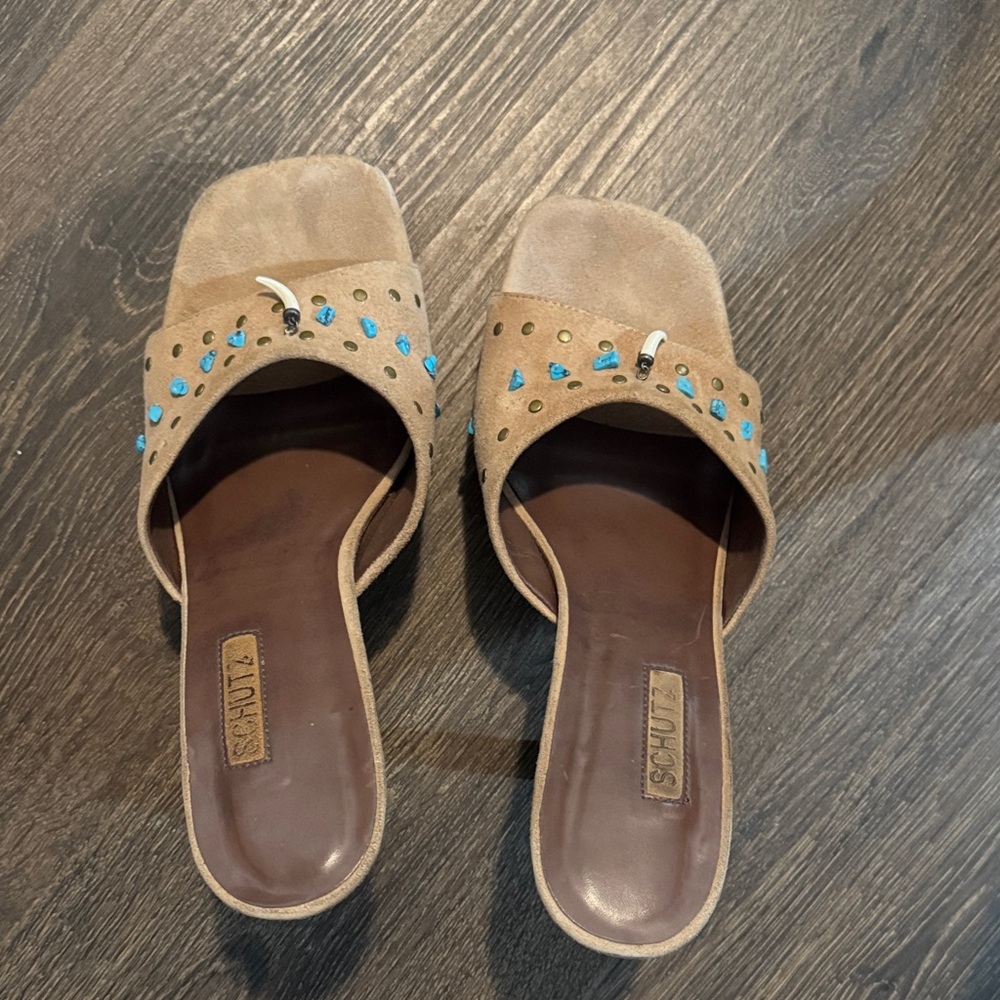 SCHUTZ Tan and Blue Embellished Mules